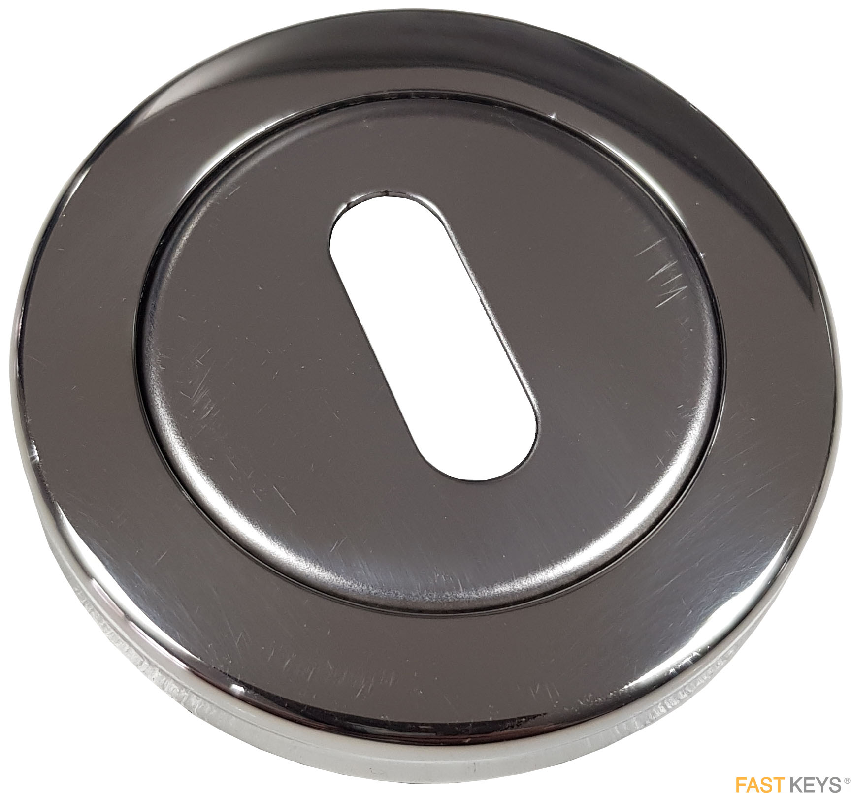 UK keyhole escutcheon, 53mm, polished stainless steel finish.