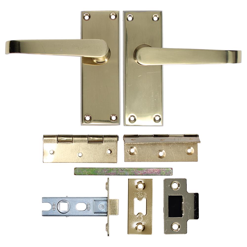 ASEC Victorian Handle Latch Pack Plated Straight Lever With Latch & Hinges - Polished Brass Plated Domestic Hardware