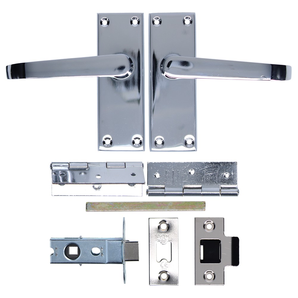ASEC Victorian Handle Latch Pack Plated Straight Lever With Latch & Hinges - Chrome Plated