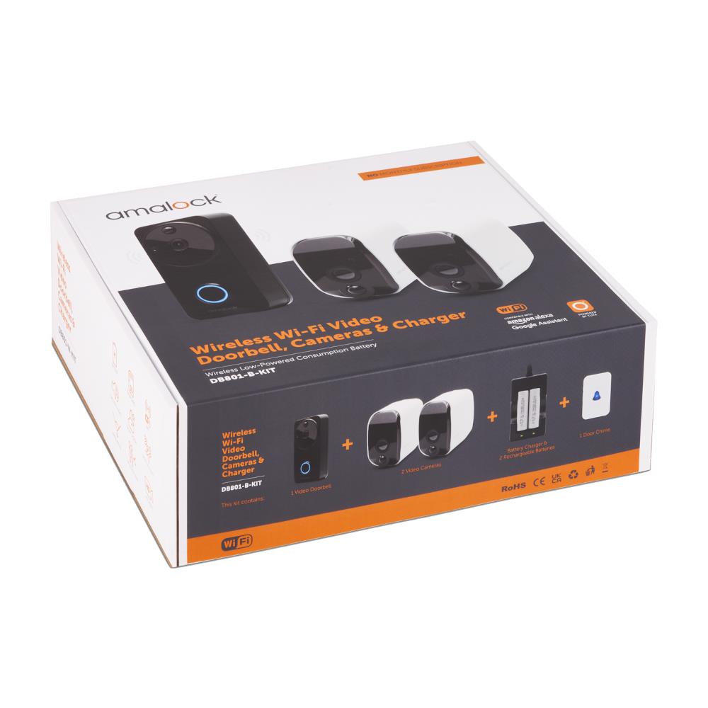 AMALOCK DB801 Wireless Doorbell & Chime Kit With 2 x White CAM200A Camera, Black DB801-B-KIT Doorbells