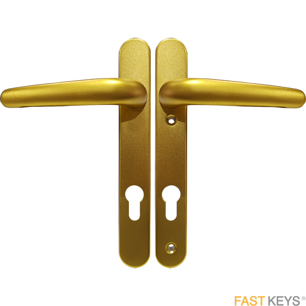 UPVC Euro profile door handle set, 92mm, gold finish.