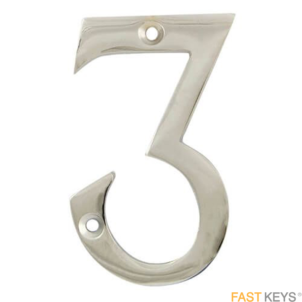 Numeral three sign, 76mm (3 inch), satin stainless steel finish.