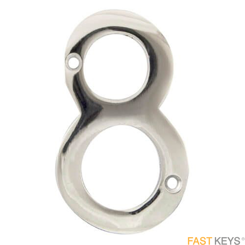 Numeral eight sign, 76mm (3 inch), satin stainless steel finish.