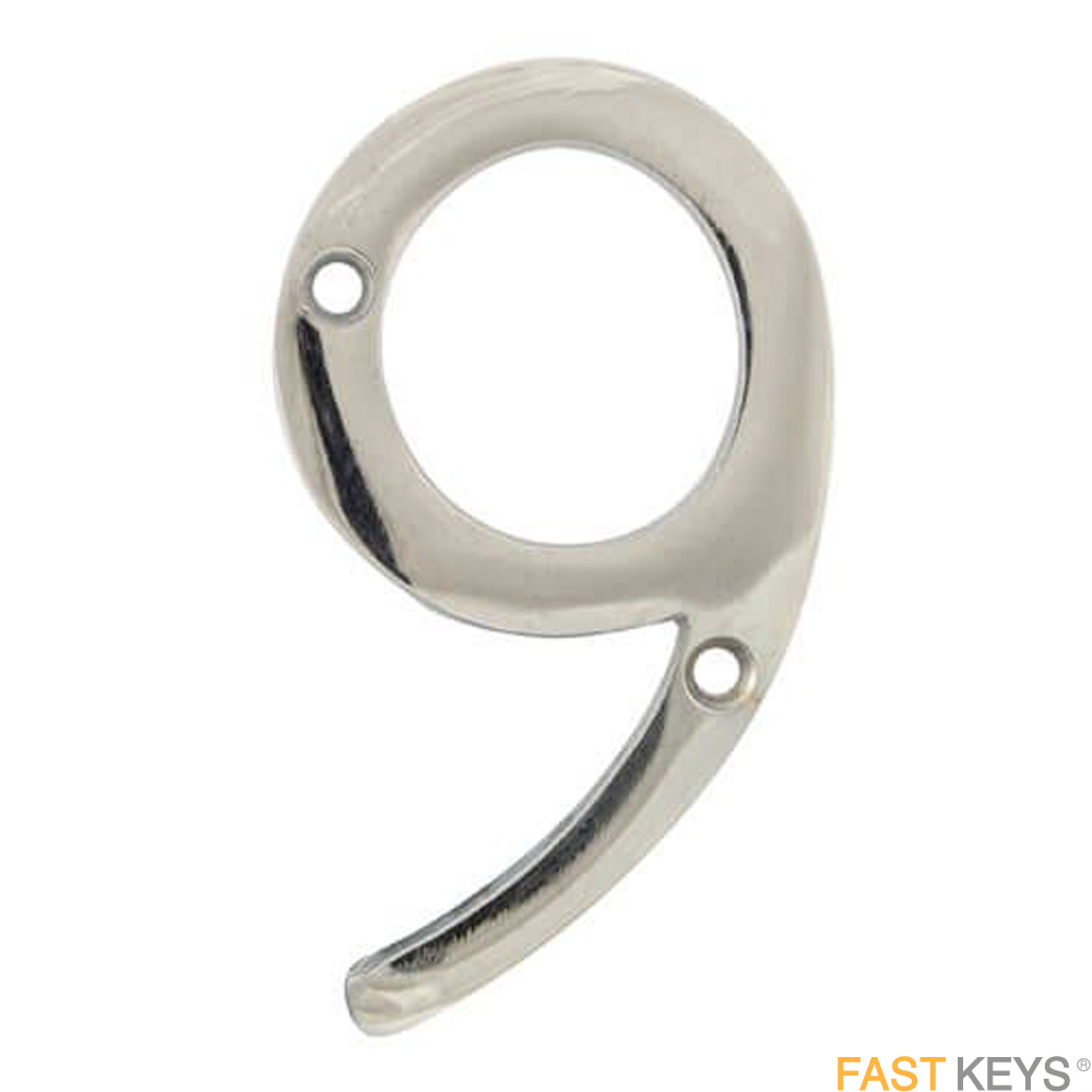 Numeral nine sign, 76mm (3 inch), satin stainless steel finish.