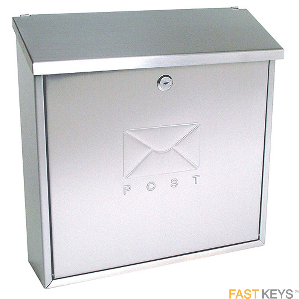 Sterling contemporary post box, top opening, stainless steel finish.