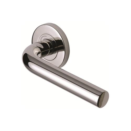 19mm tubular lever door handle on round rose, polished stainless steel. Wooden Door Handles