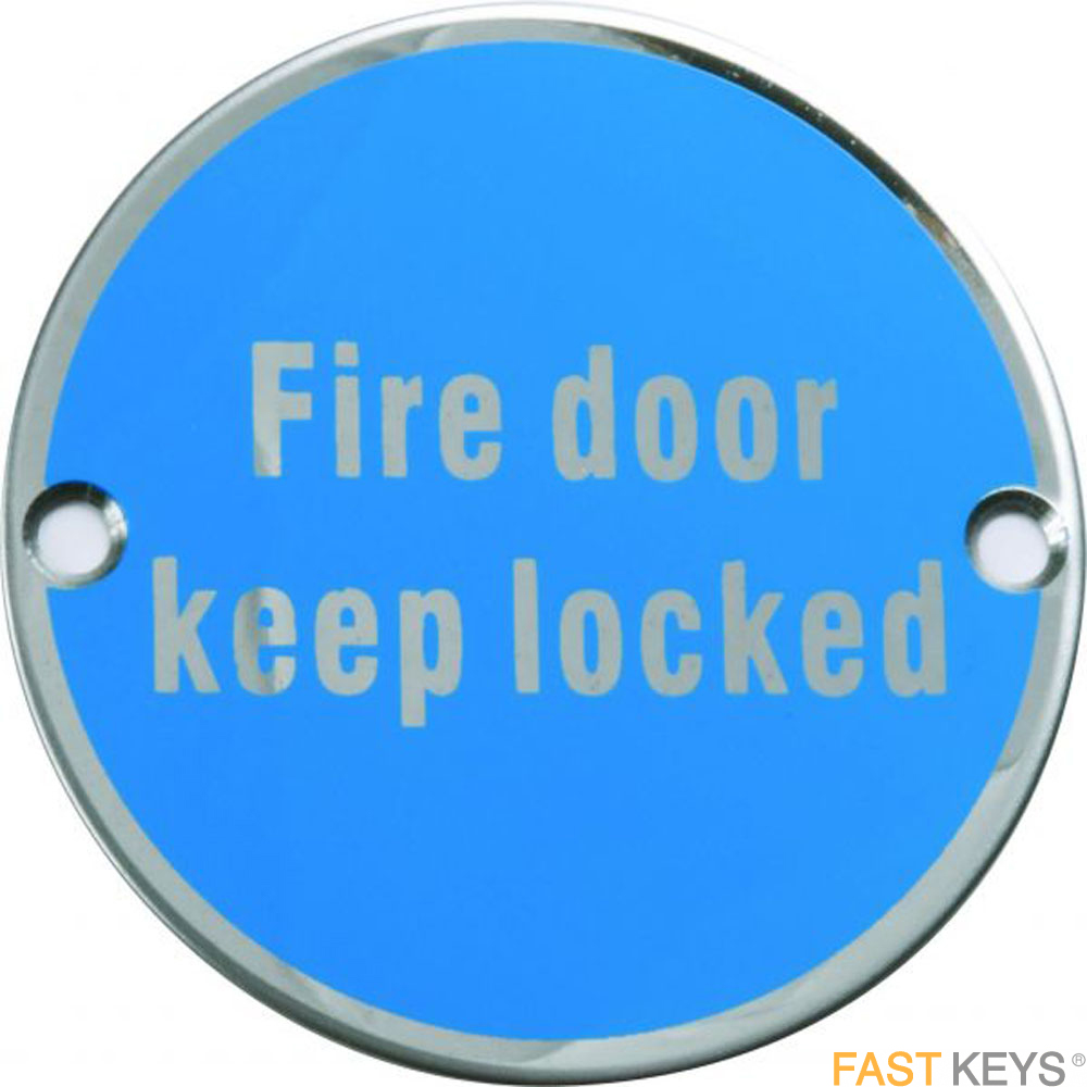 Fire door keep locked sign, satin stainless steel. Signs