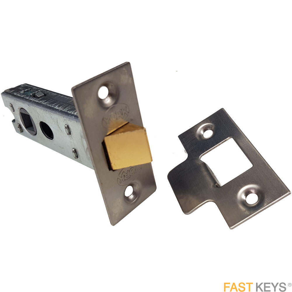 York tubular door latch, 76mm, satin stainless steel finish.